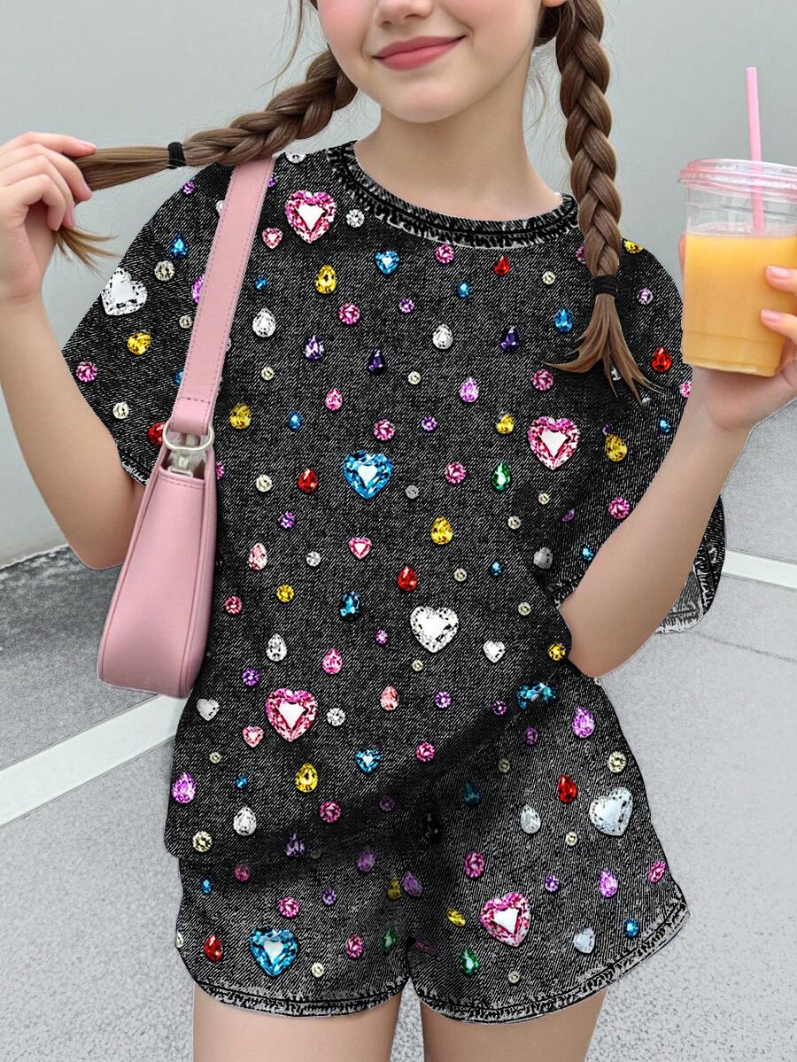 Multicolor heart print short sleeve top and loose shorts 2-piece set for tween girls