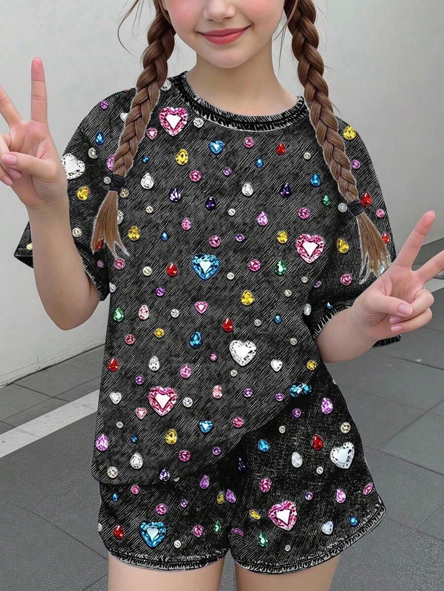 Multicolor heart print short sleeve top and loose shorts 2-piece set for tween girls