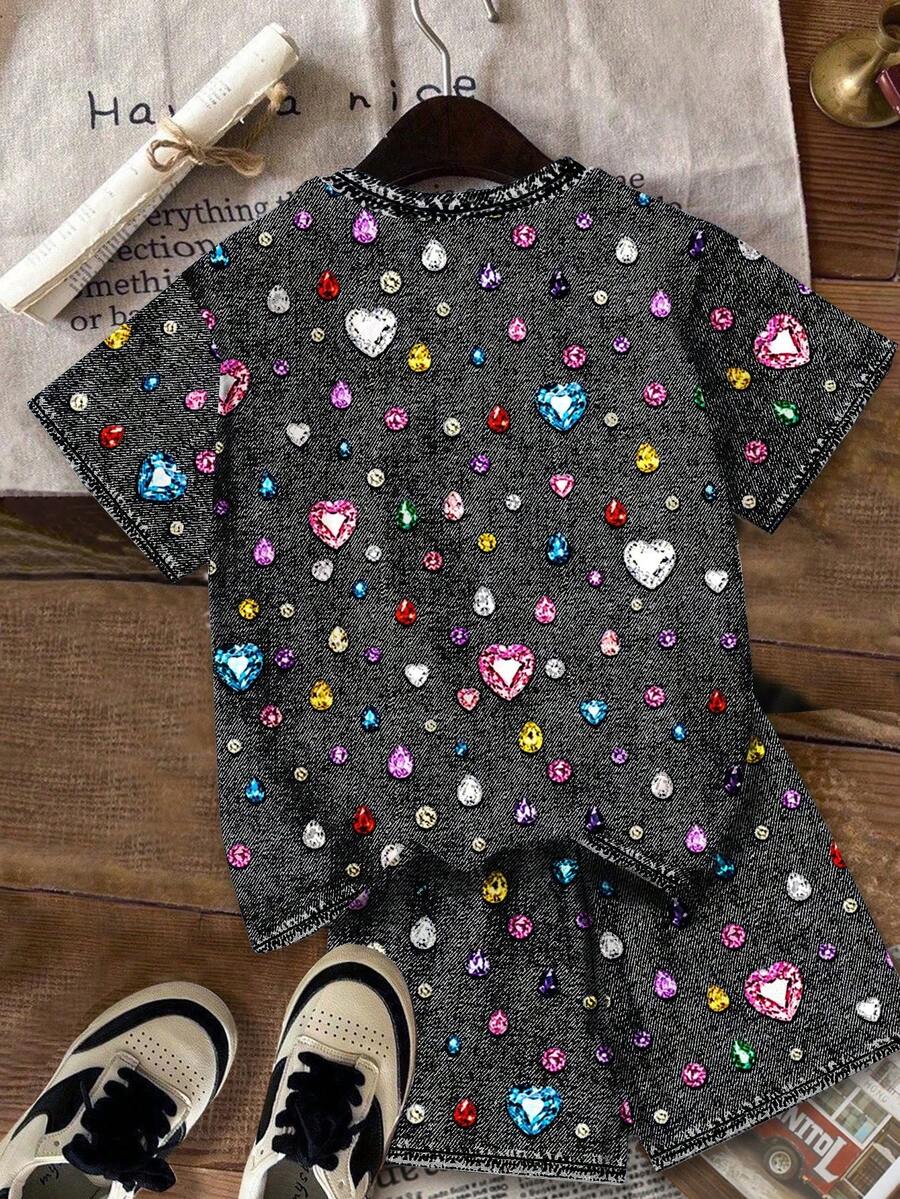 Multicolor heart print short sleeve top and loose shorts 2-piece set for tween girls
