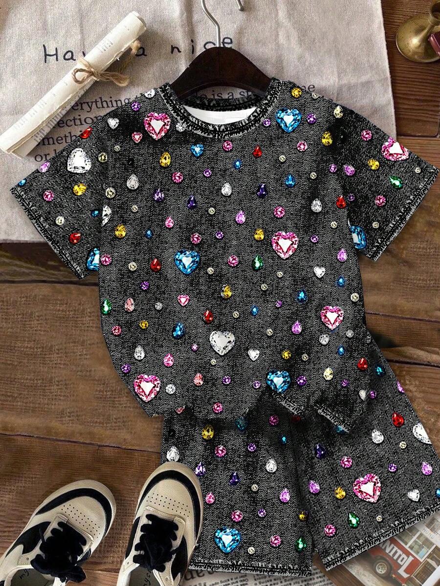 Multicolor heart print short sleeve top and loose shorts 2-piece set for tween girls