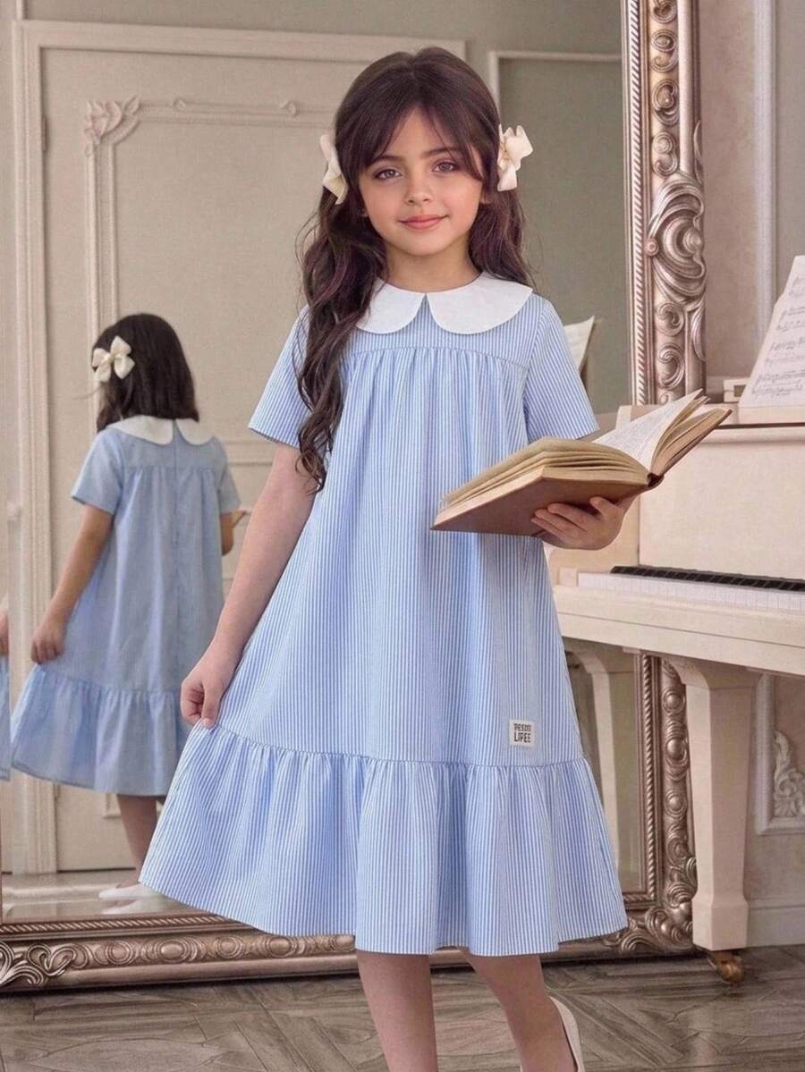 Tween girls casual black and white striped short sleeve smock dress with round neck and flounce hem