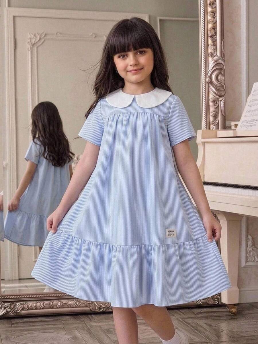 Tween girls casual black and white striped short sleeve smock dress with round neck and flounce hem
