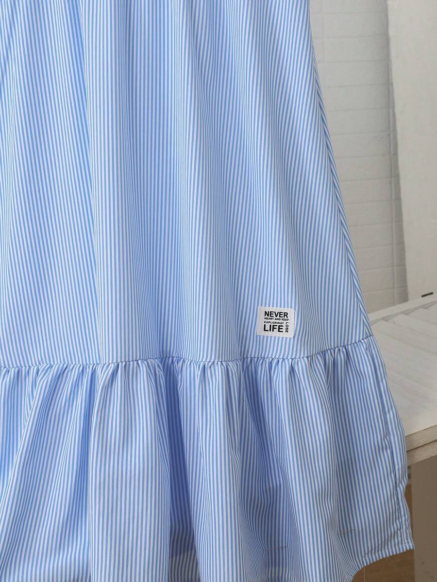 Tween girls casual black and white striped short sleeve smock dress with round neck and flounce hem