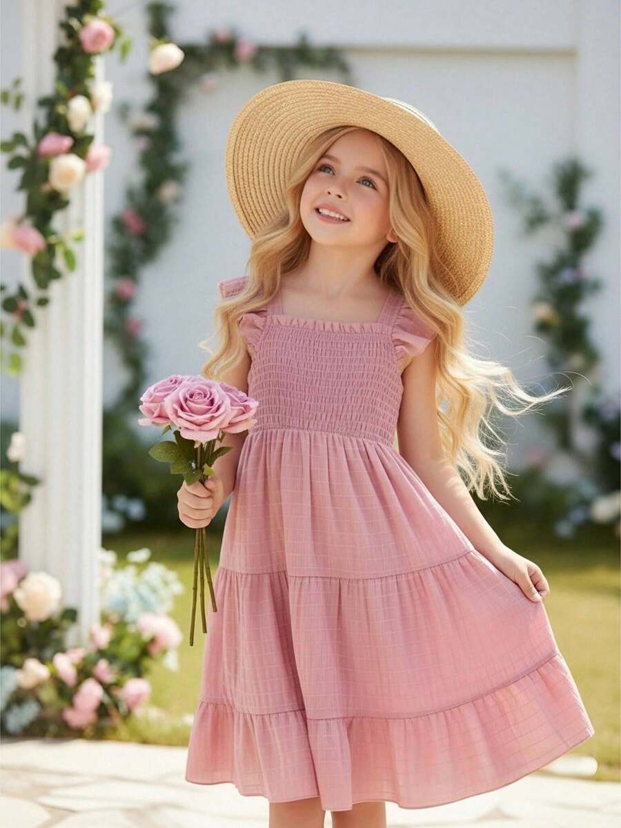 Tween girls casual long dress featuring a square neck, tiered ruffle layers, high waist shirred waist, and flounce hem.
