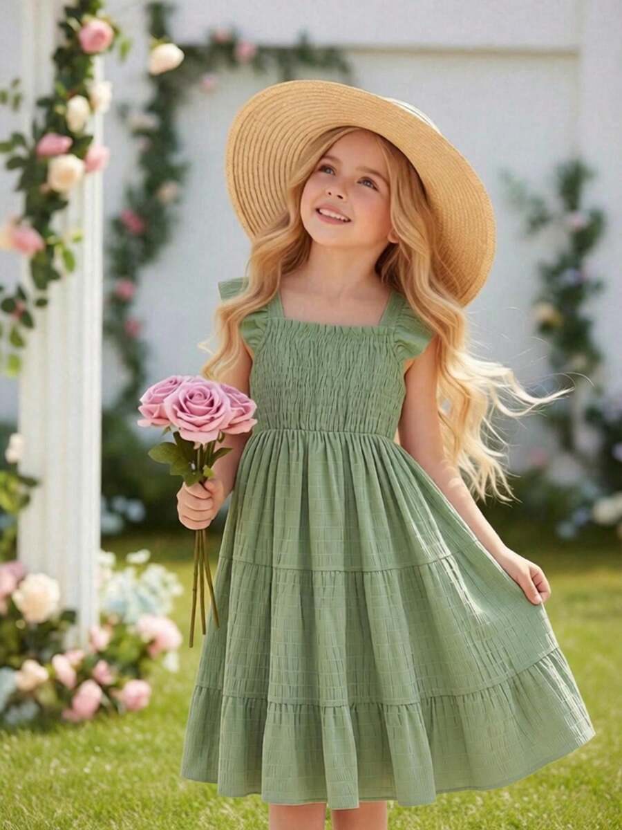 Tween girls casual long dress featuring a square neck, tiered ruffle layers, high waist shirred waist, and flounce hem.