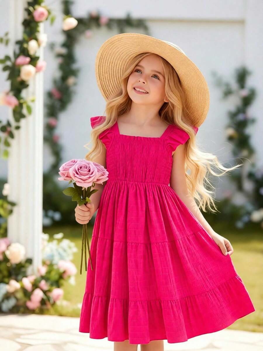 Tween girls casual long dress featuring a square neck, tiered ruffle layers, high waist shirred waist, and flounce hem.