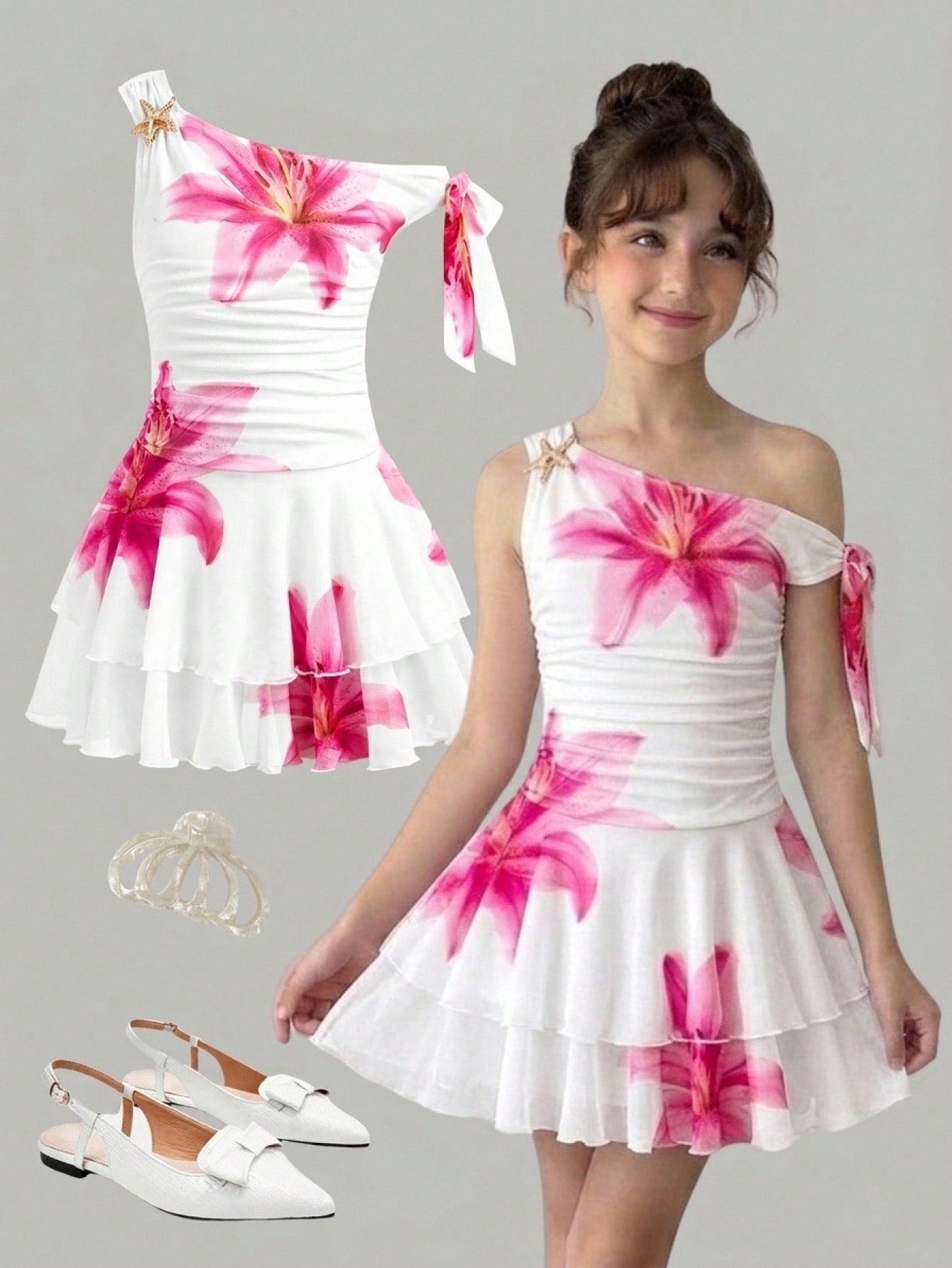 Tween girls sleeveless apricot A-line dress featuring an asymmetrical neck, contrast lace trim, and a flared hem.
