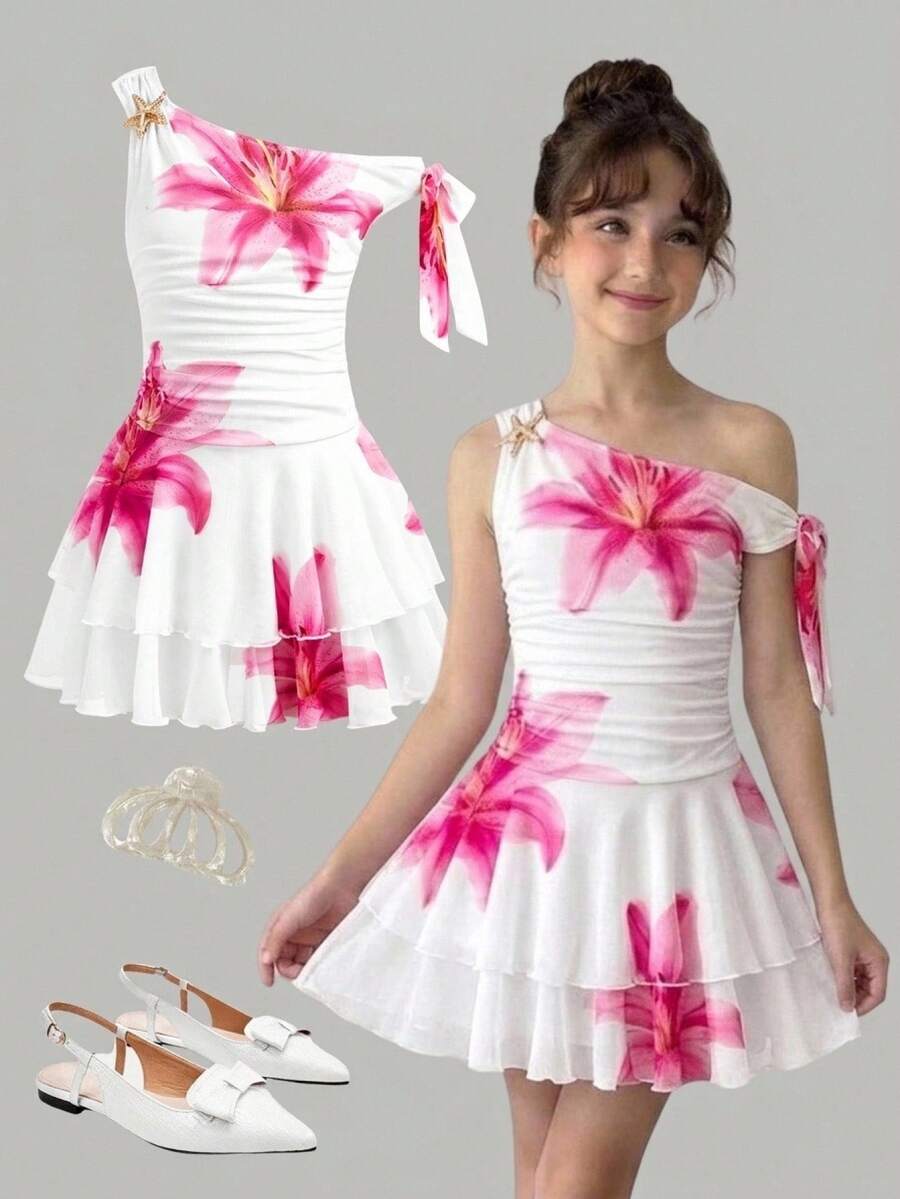Tween girls sleeveless apricot A-line dress featuring an asymmetrical neck, contrast lace trim, and a flared hem.