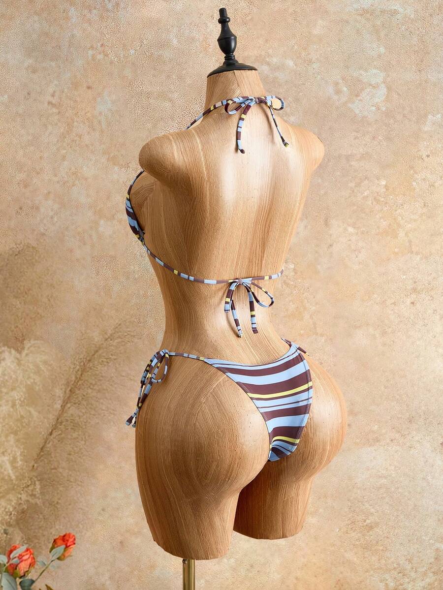 Apricot plain halter triangle bikini swimwear set with tie back top and low waist tie side thong bottom for women
