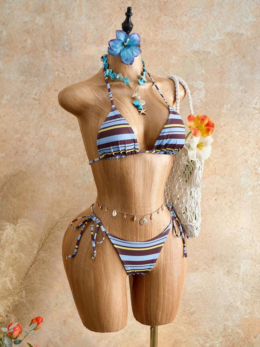 Apricot plain halter triangle bikini swimwear set with tie back top and low waist tie side thong bottom for women