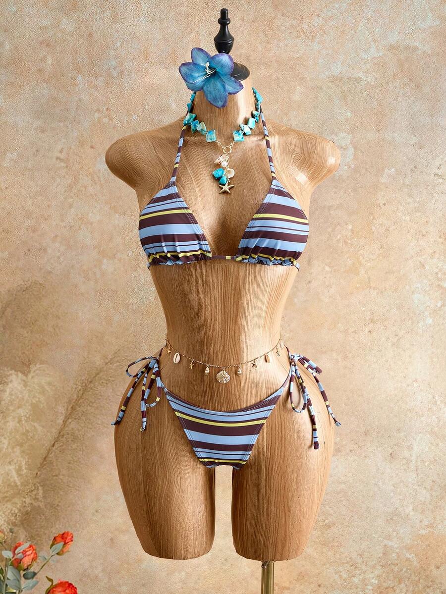 Apricot plain halter triangle bikini swimwear set with tie back top and low waist tie side thong bottom for women