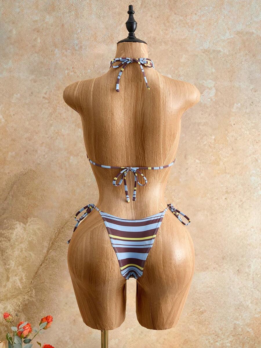 Apricot plain halter triangle bikini swimwear set with tie back top and low waist tie side thong bottom for women
