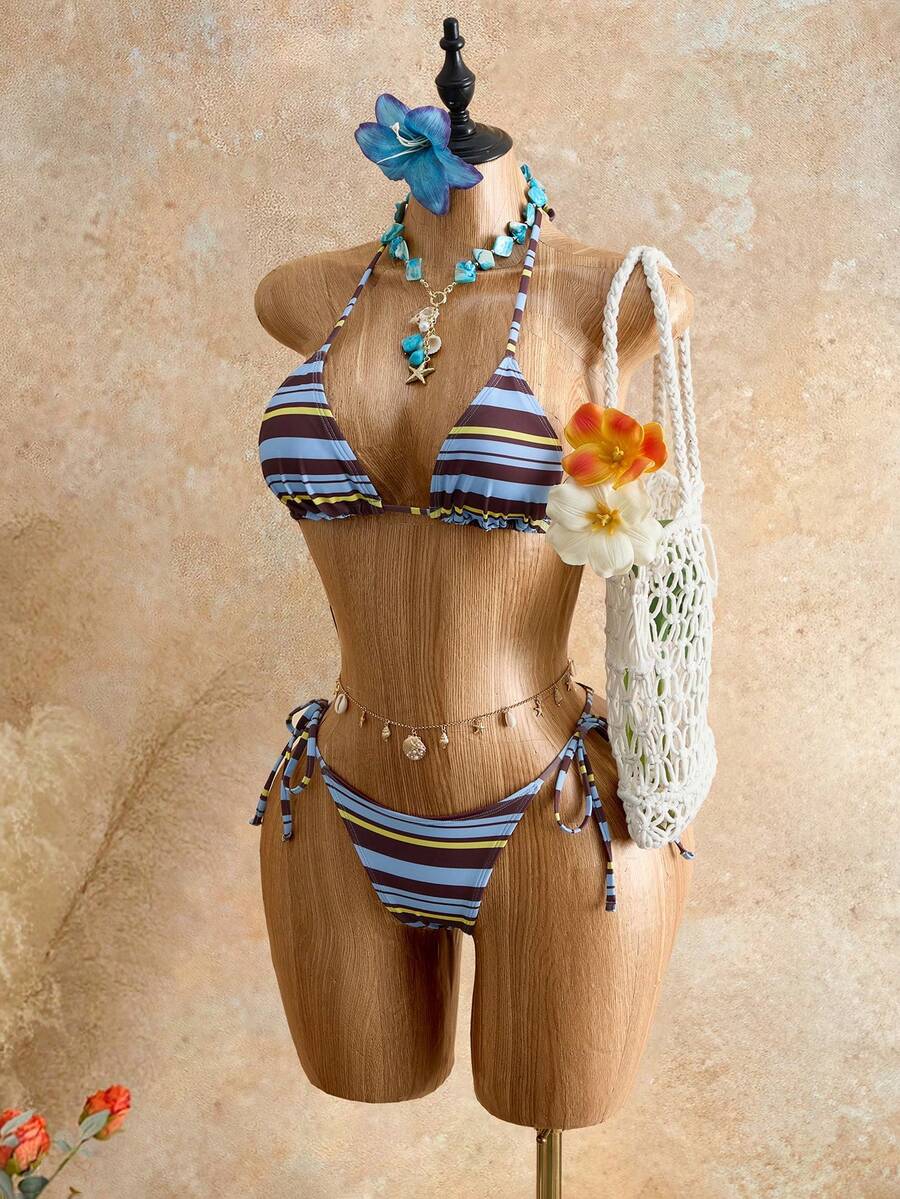 Apricot plain halter triangle bikini swimwear set with tie back top and low waist tie side thong bottom for women
