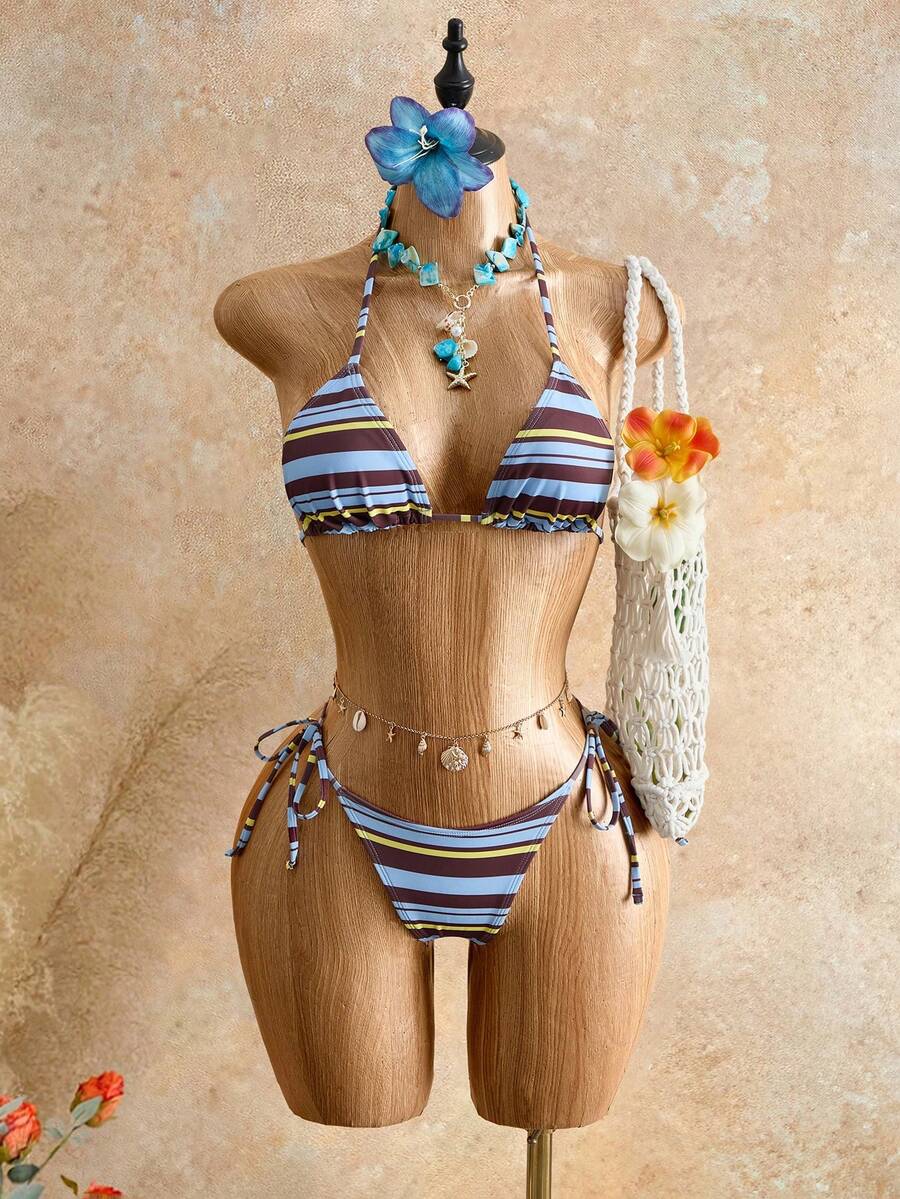 Apricot plain halter triangle bikini swimwear set with tie back top and low waist tie side thong bottom for women