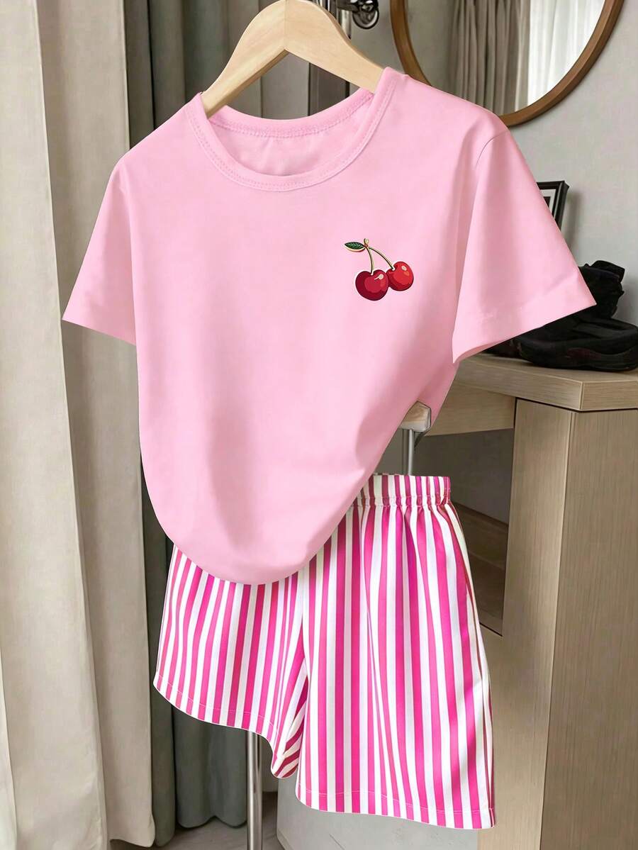 Girls' multicolor short sleeve T-shirt and shorts set featuring a cute cherry and bow print with round neck top and matching shorts.