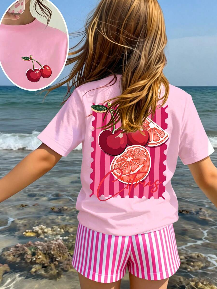 Girls' multicolor short sleeve T-shirt and shorts set featuring a cute cherry and bow print with round neck top and matching shorts.