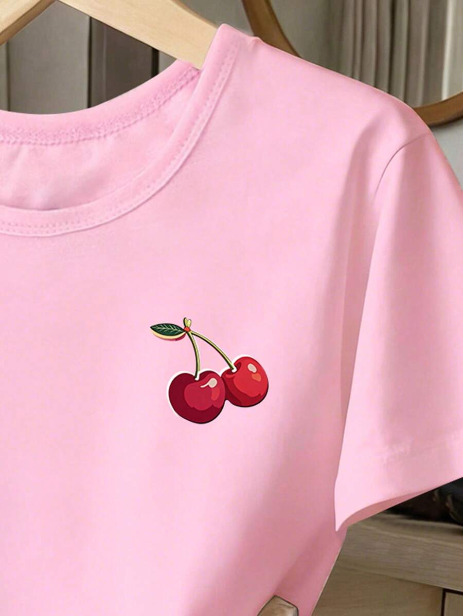 Girls' multicolor short sleeve T-shirt and shorts set featuring a cute cherry and bow print with round neck top and matching shorts.