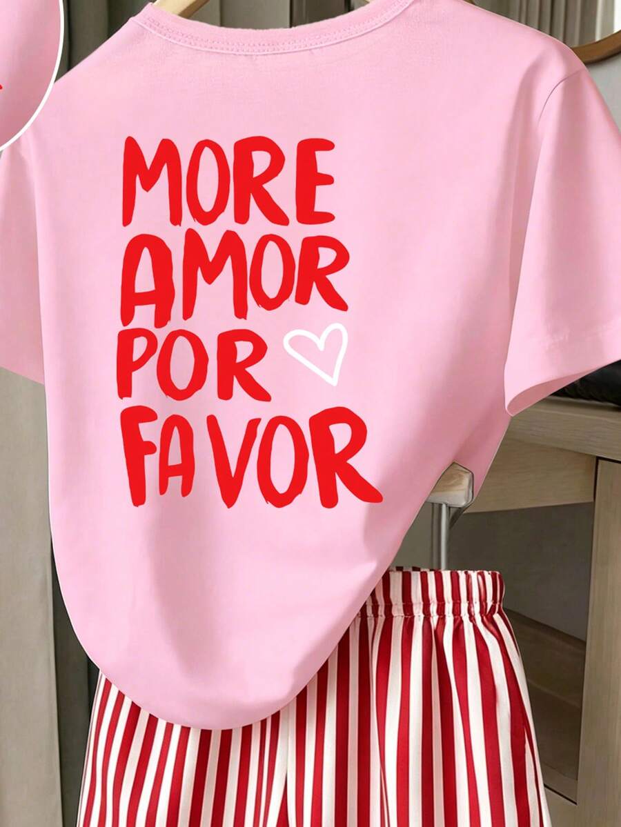Girls' multicolor short sleeve T-shirt and shorts set featuring a cute cherry and bow print with round neck top and matching shorts.