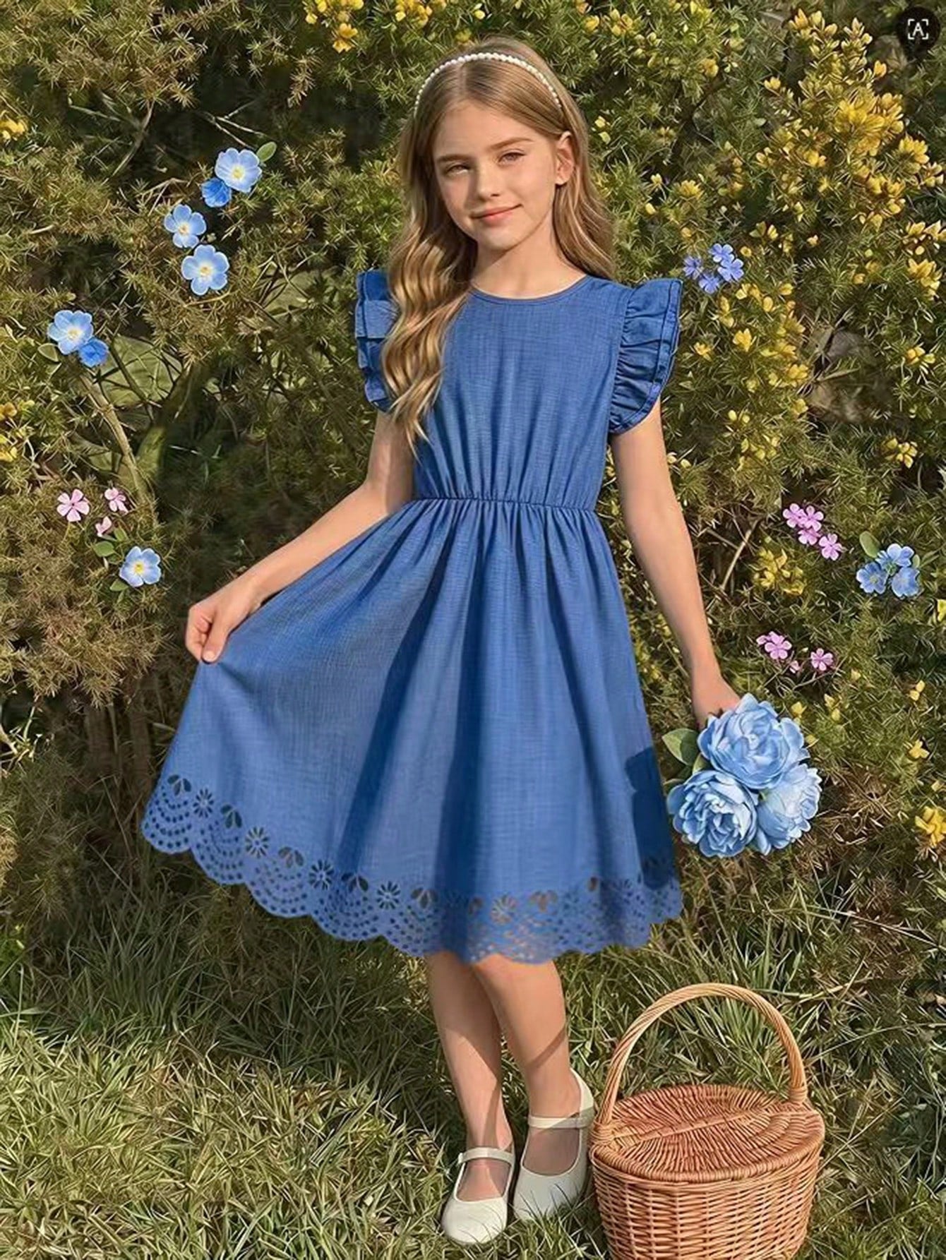 Tween girls dusty blue casual A-line dress with round neck, ruffle accents, high waist, and flared hem.
