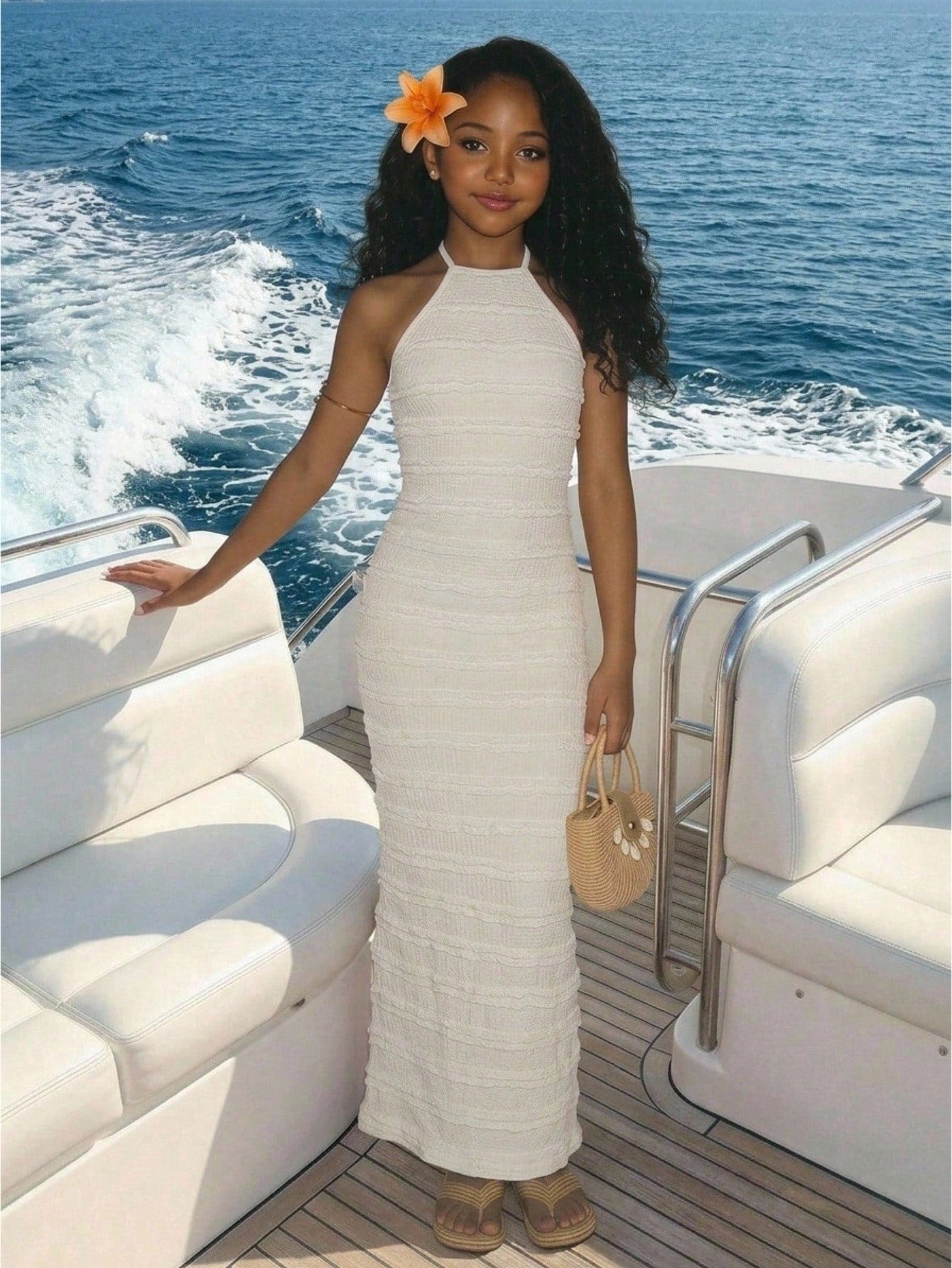 White sleeveless halter maxi dress for tween girls with slim fit, plain textured fabric, natural waist, pencil hem, and side split for summer daily wear and vacation outfits.