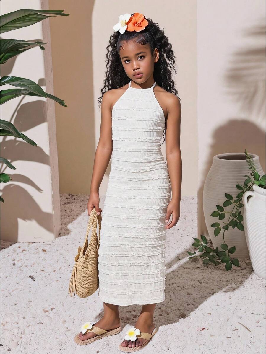 White sleeveless halter maxi dress for tween girls with slim fit, plain textured fabric, natural waist, pencil hem, and side split for summer daily wear and vacation outfits.