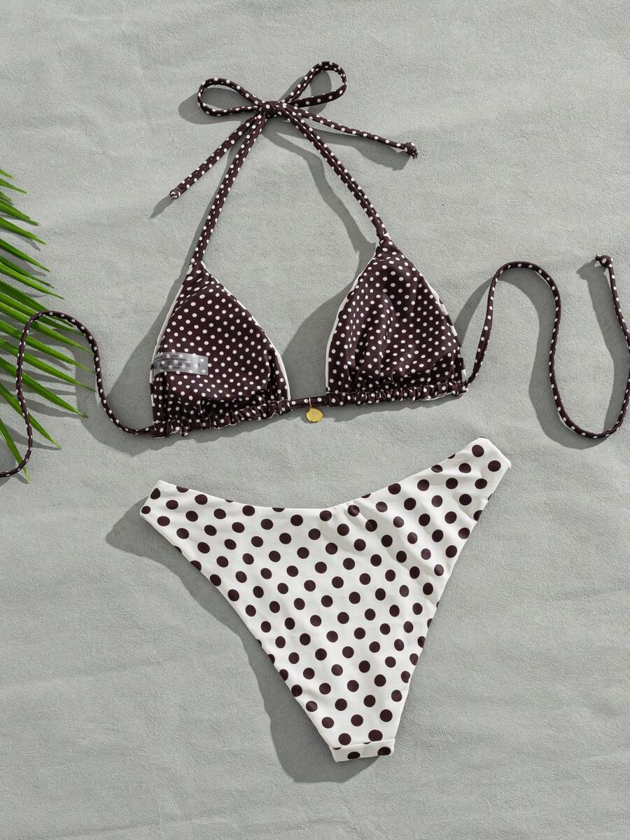 Women's black textured plaid 2-piece bikini set featuring a halter neckline, wireless triangle cups with removable padding, and mid-waist bottoms.