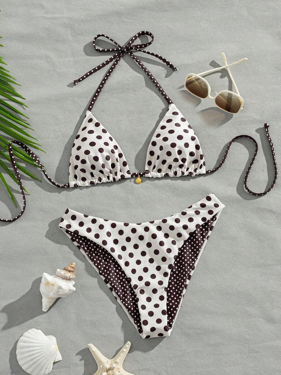 Women's black textured plaid 2-piece bikini set featuring a halter neckline, wireless triangle cups with removable padding, and mid-waist bottoms.