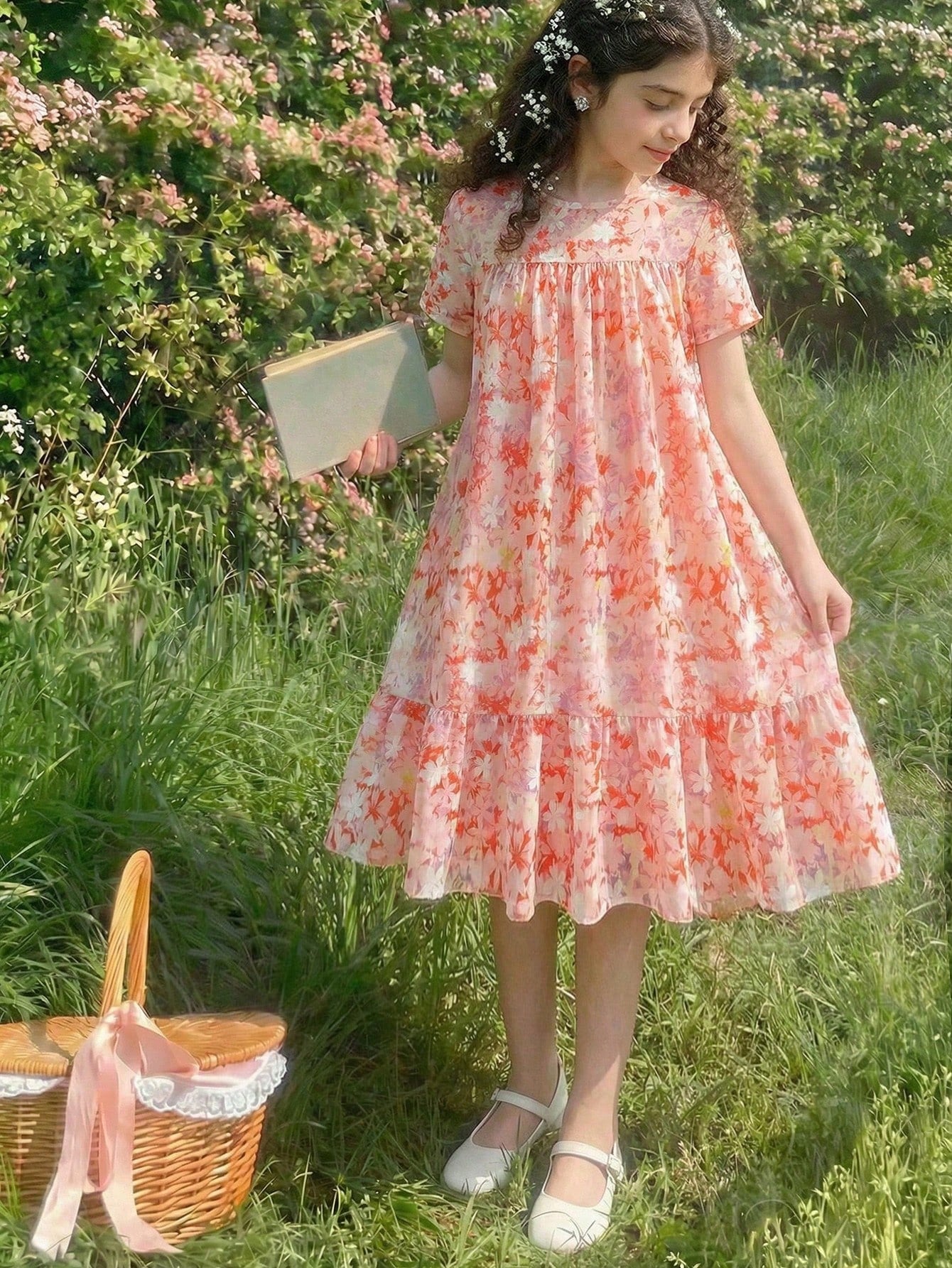 Tween girl wearing an Army Green textured short sleeve smock midi dress with round neck and ruffle flounce hem.