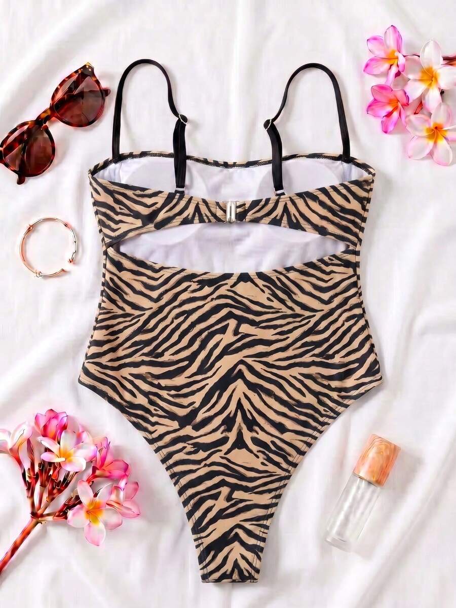 Black colorblock women's one-piece swimsuit with spaghetti straps and high stretch fabric.
