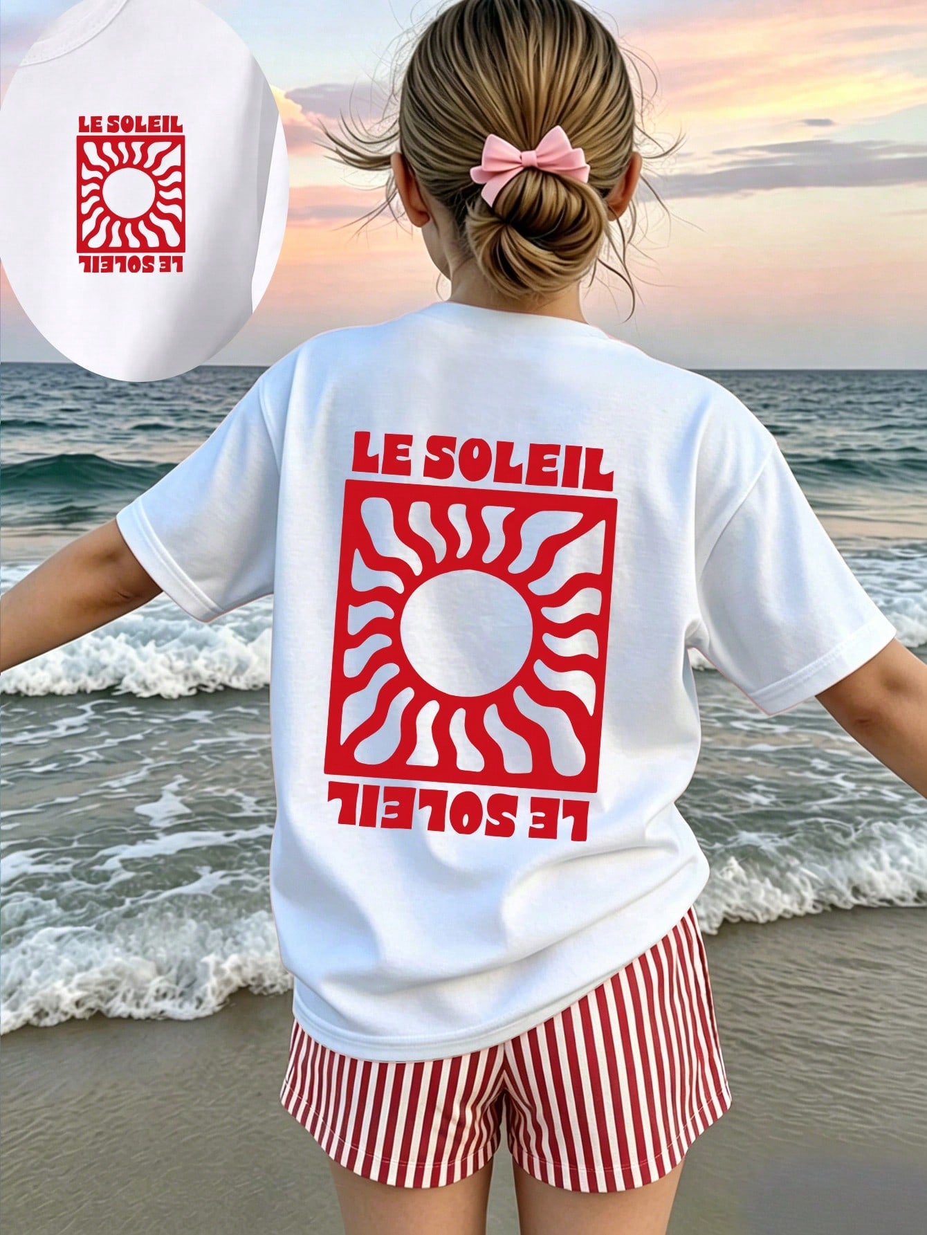 Girls' multicolor short sleeve T-shirt and shorts set featuring a cute cherry and bow print with round neck top and matching shorts.
