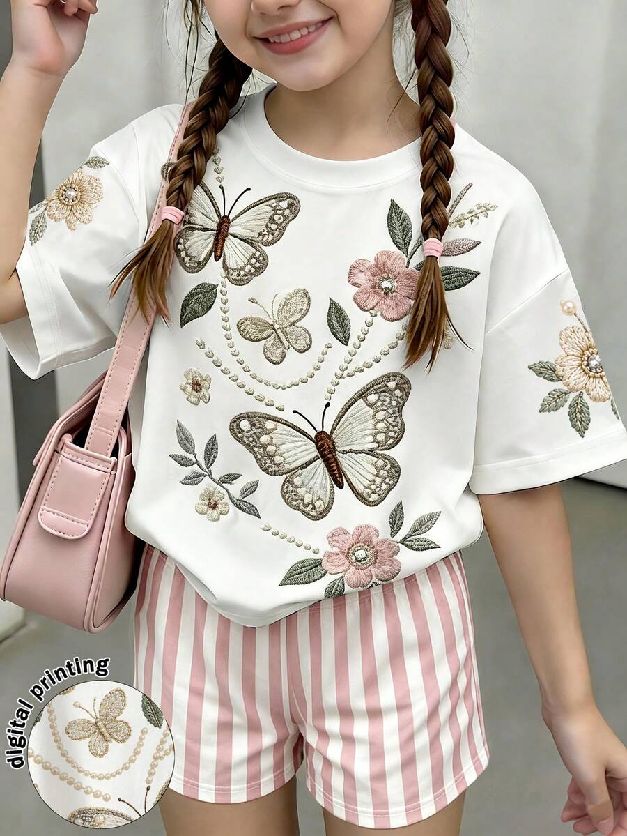 Girls' multicolor short sleeve T-shirt and shorts set featuring a cute cherry and bow print with round neck top and matching shorts.