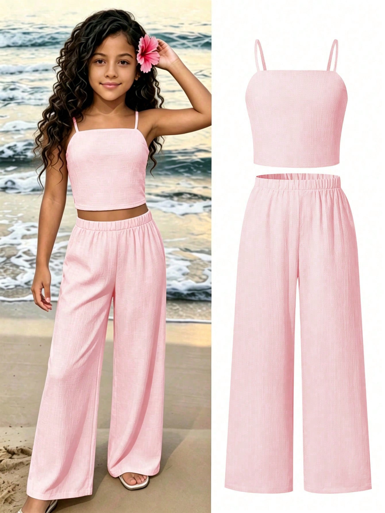 Tween girls casual 2-piece set featuring an apricot woven camisole crop top with back shirring and matching high-waisted loose long pants.