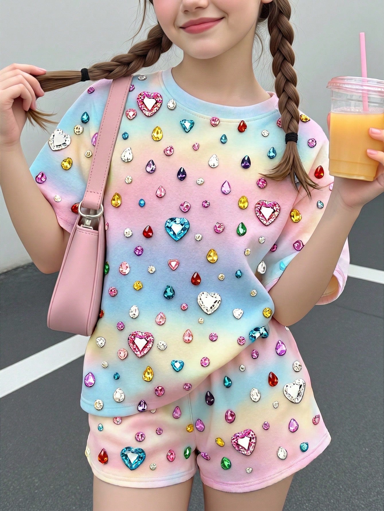 Multicolor heart print short sleeve top and loose shorts 2-piece set for tween girls