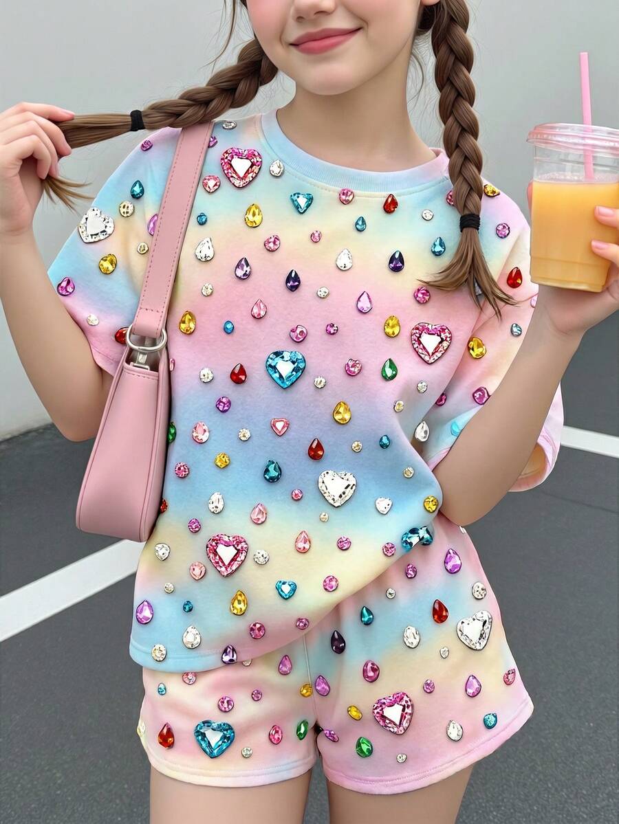 Multicolor heart print short sleeve top and loose shorts 2-piece set for tween girls