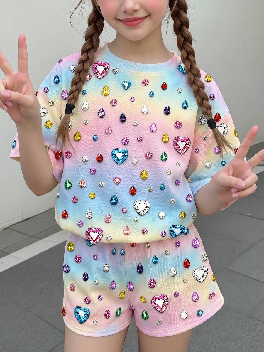 Multicolor heart print short sleeve top and loose shorts 2-piece set for tween girls