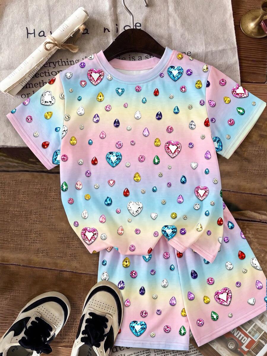 Multicolor heart print short sleeve top and loose shorts 2-piece set for tween girls