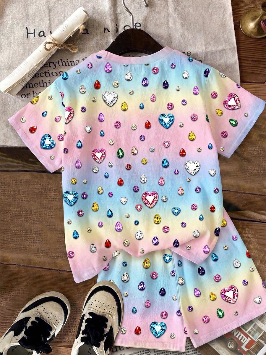 Multicolor heart print short sleeve top and loose shorts 2-piece set for tween girls