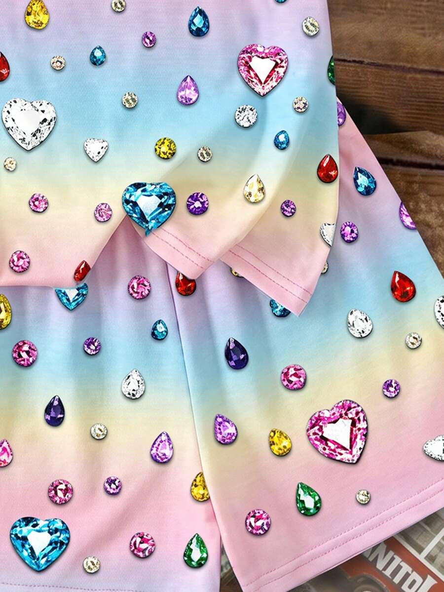 Multicolor heart print short sleeve top and loose shorts 2-piece set for tween girls