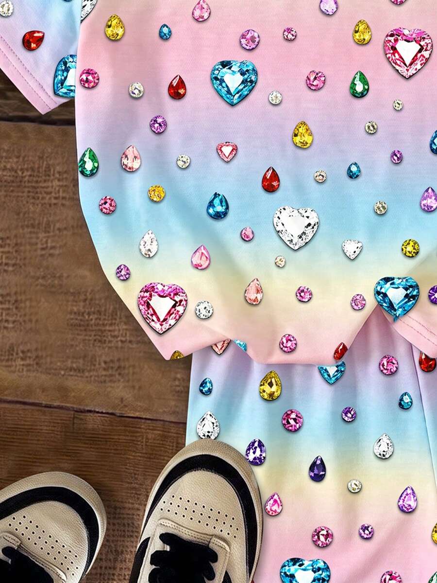 Multicolor heart print short sleeve top and loose shorts 2-piece set for tween girls
