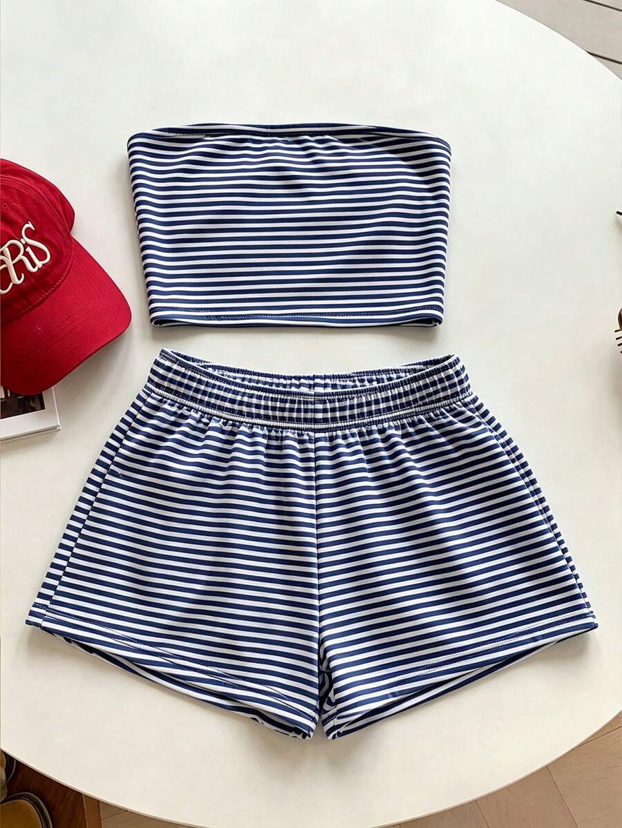 Tween girls two-piece summer outfit featuring a brown strapless tube top with contrast pink tape accent and matching brown shorts with pockets.