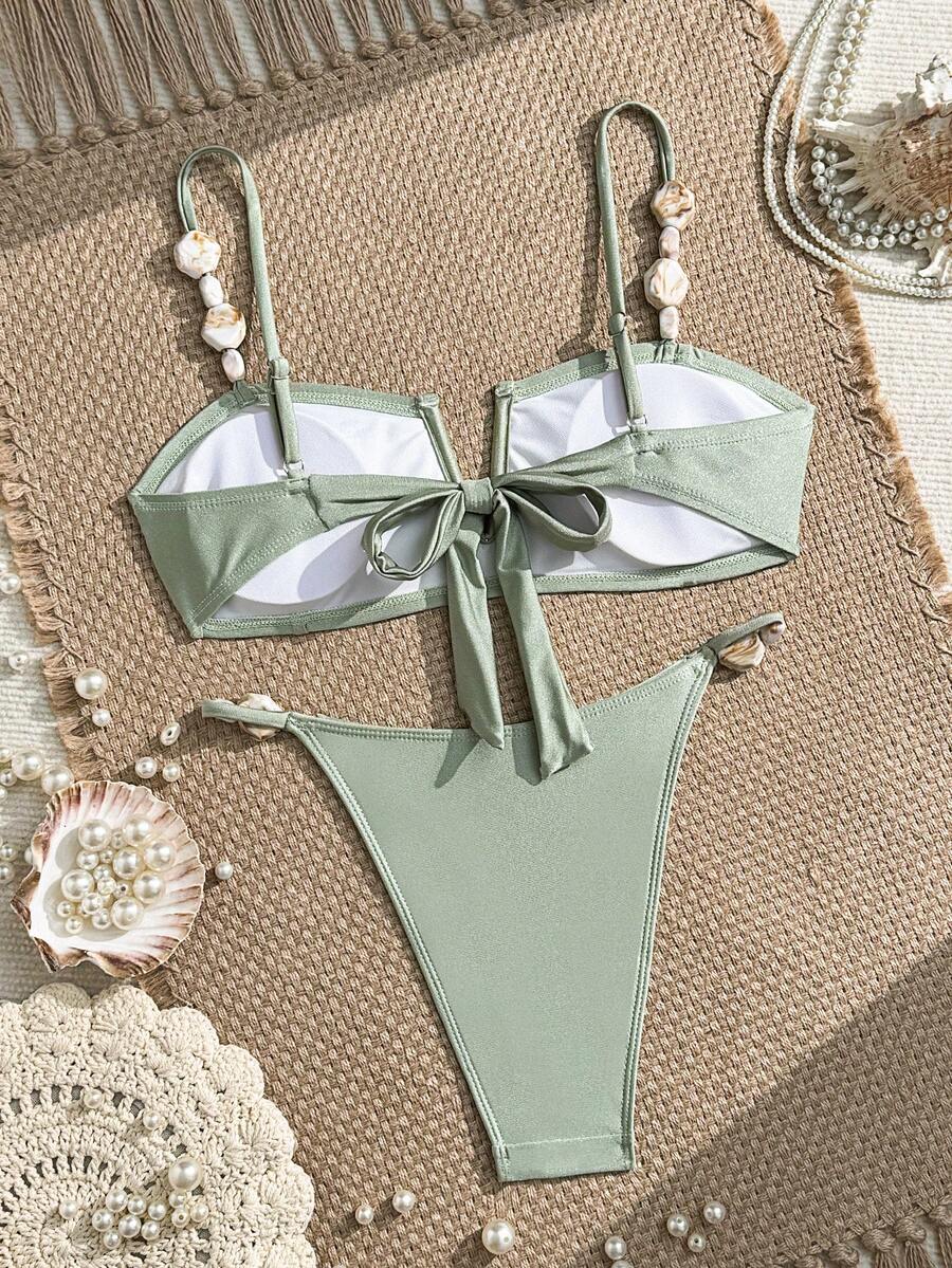 Apricot high waist two-piece bikini set for women featuring V-wired bandeau top with shell decor and high stretch swimwear fabric.