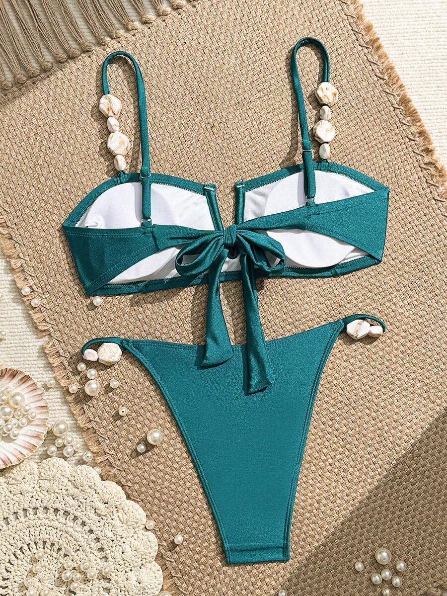 Apricot high waist two-piece bikini set for women featuring V-wired bandeau top with shell decor and high stretch swimwear fabric.