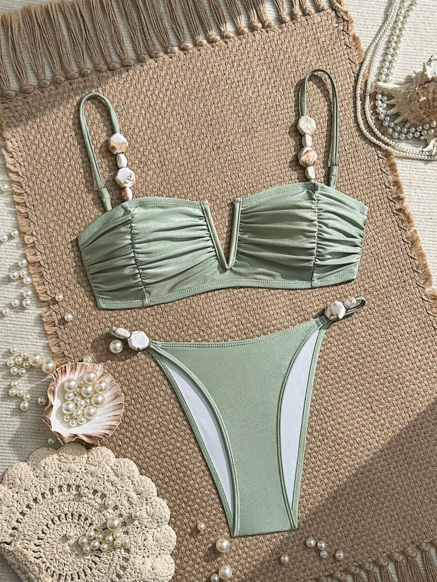 Apricot high waist two-piece bikini set for women featuring V-wired bandeau top with shell decor and high stretch swimwear fabric.