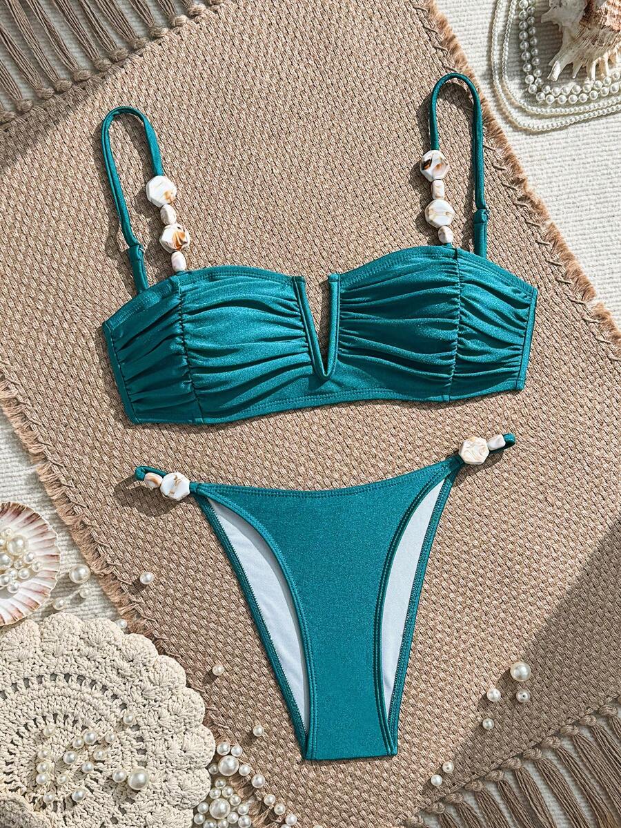 Apricot high waist two-piece bikini set for women featuring V-wired bandeau top with shell decor and high stretch swimwear fabric.