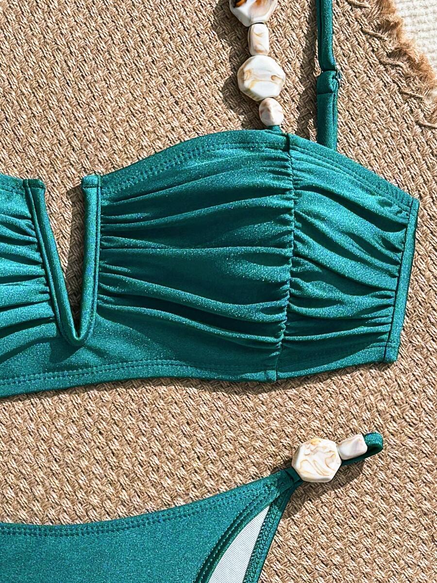 Apricot high waist two-piece bikini set for women featuring V-wired bandeau top with shell decor and high stretch swimwear fabric.
