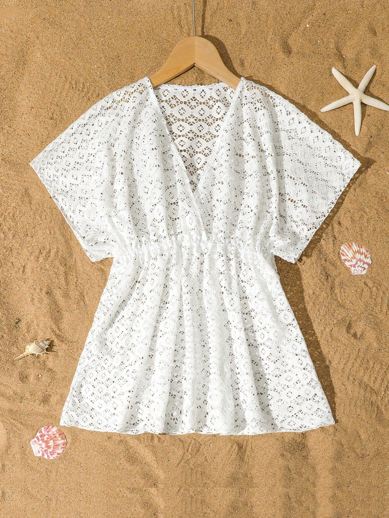 Tween girls apricot sleeveless knit mesh swimwear cover up with V-neck and hollow-out pattern