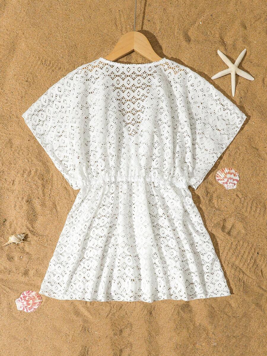 Tween girls apricot sleeveless knit mesh swimwear cover up with V-neck and hollow-out pattern