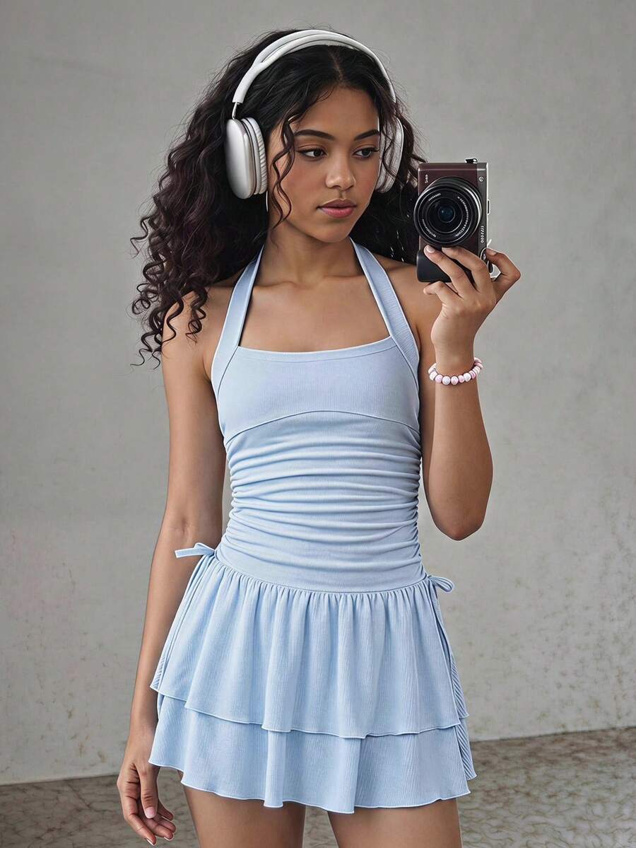 Tween girl wearing a black and white polka dot tiered cami dress with shoulder straps, a high waist, and a ruffle layered hem.