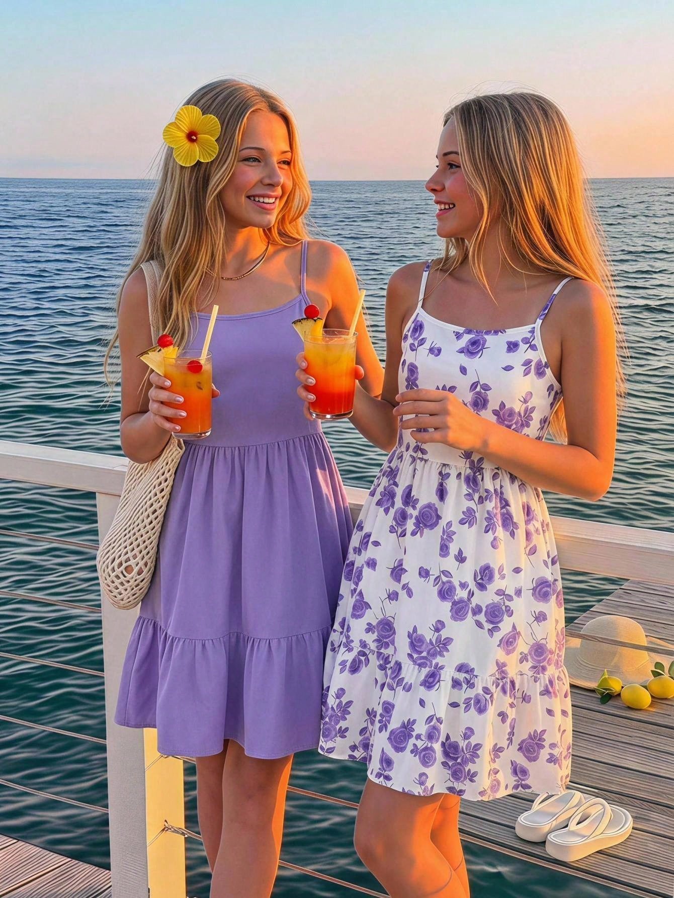 Girls' 2-piece summer sleeveless cami dress set with spaghetti straps, shirred detail, high waist, flounce hem, and multicolor fruit and plant print for vacation or beach matching outfits.
