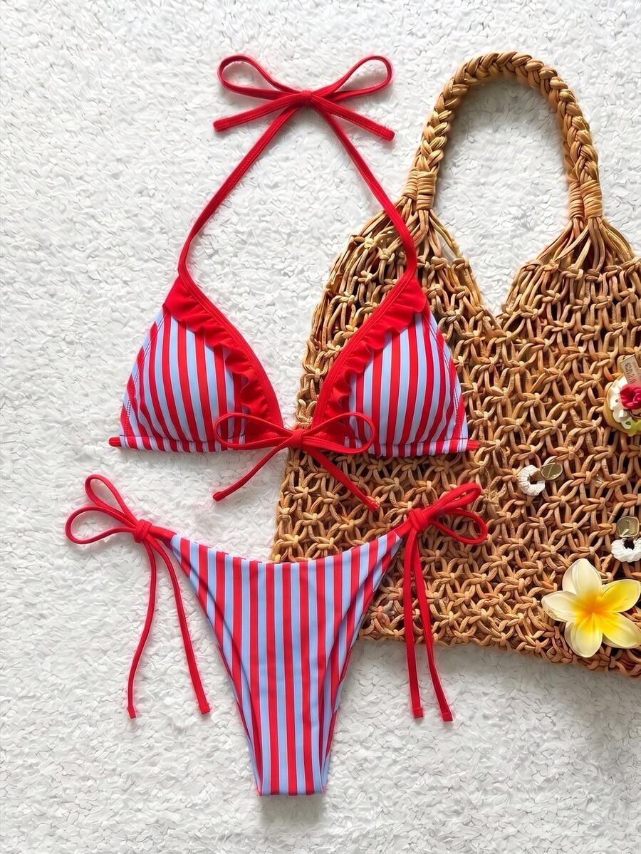Women's beige two-piece bikini set featuring a wireless top with removable padding, spaghetti straps, tie back detail, and low waist hipster swimsuit bottoms.
